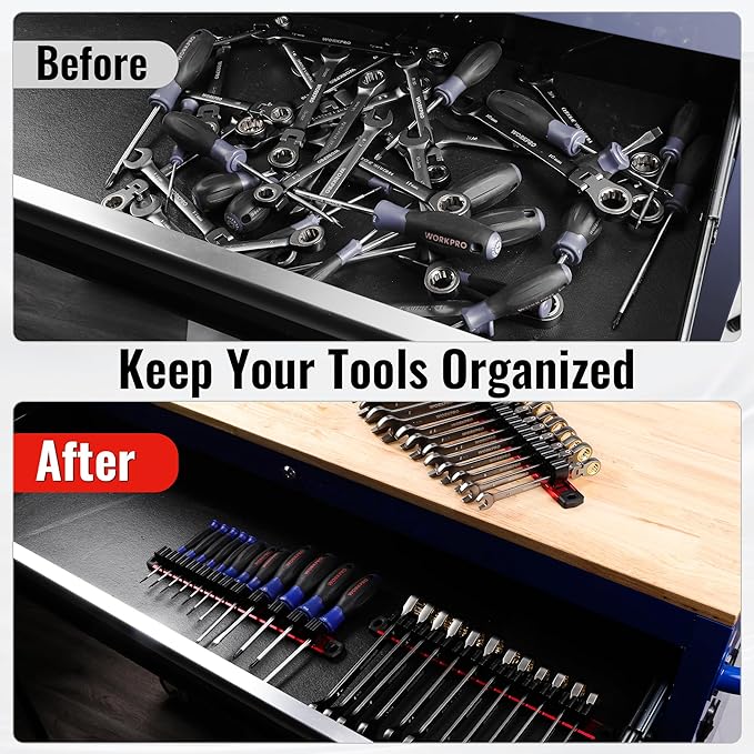 WORKPRO Magnetic Screwdriver and Wrench Organizer Set, 36-Slot Tool Holders | 3-Pack Aluminum Rails, Magnetic Force, Flexible High-Tension Tool Clips, For Tool Box Drawer & Wall-Mount Storage