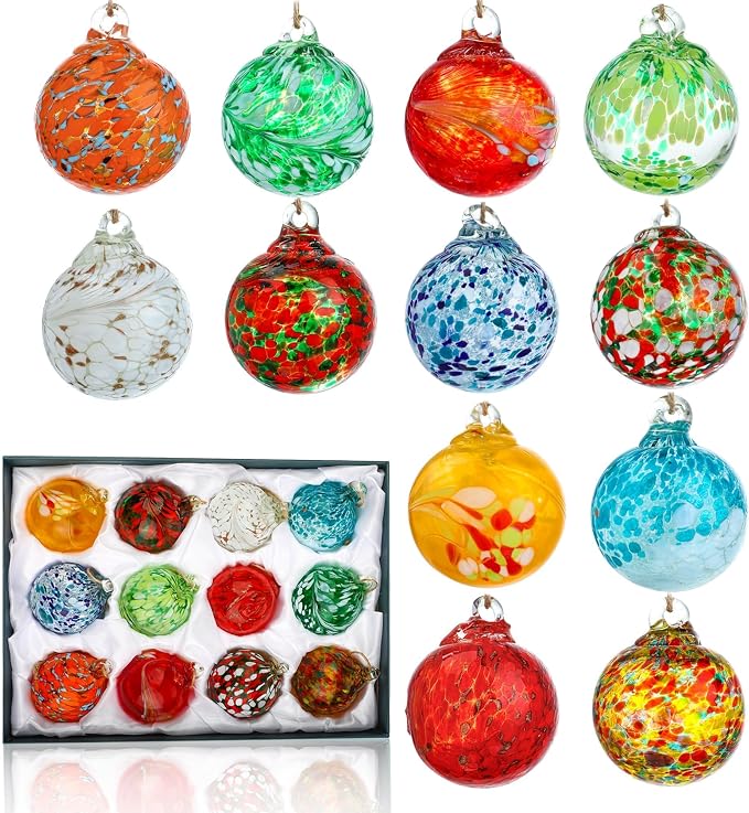 12Pcs Hand Blown Glass Ball Ornaments Hanging Gazing Balls Witches Balls