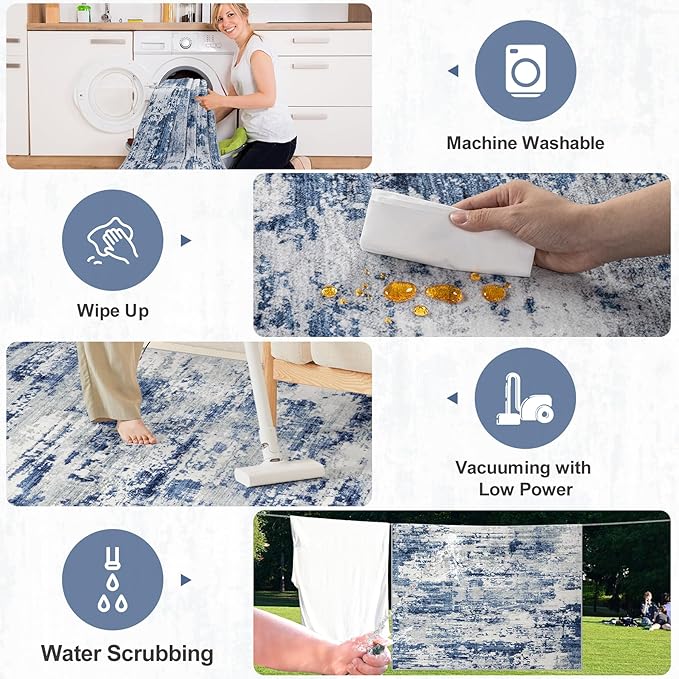 PLHXFR 10x14 Area Rug Living Room: Abstract Washable Carpet Blue Gray | For Bedroom Dining Room Farmhouse Nursery Home,Machine washable,Non Slip,Large Soft Neutral,Stain Resistant, Indoor Floor