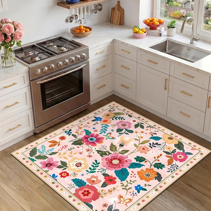 RELEANY Floral Washable Square 5ft Area Rug Pink | Flower Carpet, Print, Boho, Non-Slip, Easy to Clean, Soft, Low Pile for Living Room Bedroom Kitchen Office Entryway Hallway