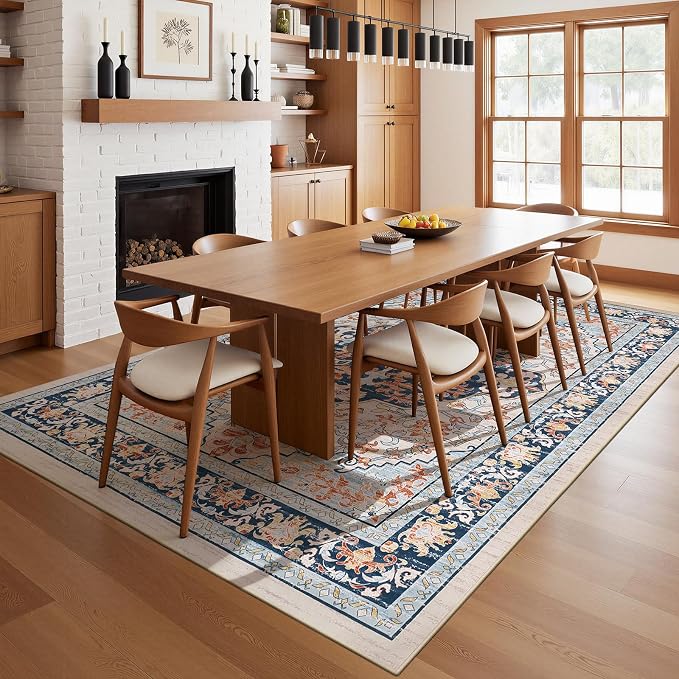 U'Artlines Boho Vintage Area Rug 5x7 Machine Washable Carpet, Orange Blue | Low Pile, Non Slip, Ultra-Thin Soft Floor Carpet, Accent Rug for Living Room Bedroom Entryway Dining Room Office