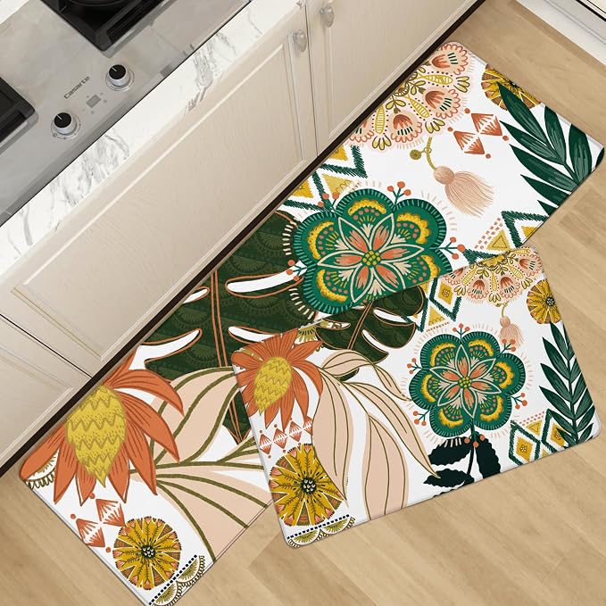 Tyrot Boho Floral Kitchen Rugs Sets of 2 Anti Fatigue Cushioned Long Kitchen Mats for Floor Farmhouse Kitchen Rugs Non Slip Waterproof Mid Century Botanical Comfort Standing Mat for Sink Laundry