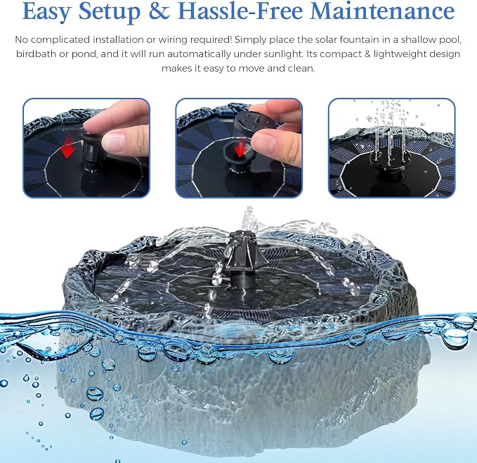 Solar Powered Bird Bath Fountain with Rock Texture, High-Strength Plastic Outdoor Birdbath, 6 Spray Patterns Solar Fountain Pump, Decorative Water Feature for Garden Decor 7.8" DarkGreen