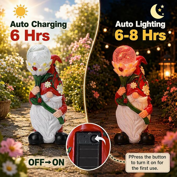Garden Gnomes Outdoor, Solar Gnome Statue with Ladybugs Flower Decor for Yard, Garden, Patio, Balcony, Porch, Lawn Decor, Funny Gnome Gift for Mom Women Grandma