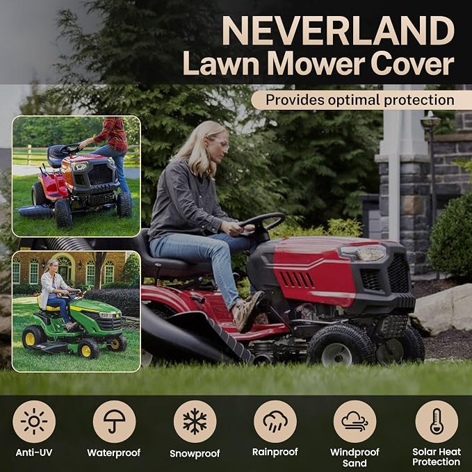 NEVERLAND Riding Lawn Mower Cover - Lawn Tractor Cover with Drawstring & Storage Bag, Fits Decks up to 54", 600D, Handles and Dual Air Vents