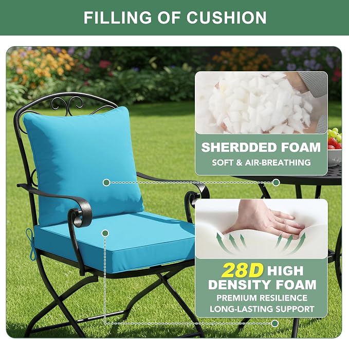Summsun Outdoor Backrest and Deep Seat Cushion Set, Waterproof Fade Resistant Patio Chair Furniture Cushion with Removable Cover, 22 x 22 Inch, Teal, Set of 4