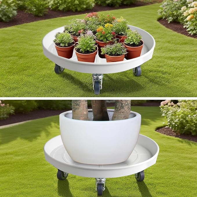 16 Inch Heavy Duty Plant Stand on Wheels, Round Plant Caddy with Wheels for Indoor & Outdoor Use, Metal Rolling Tray for Potted and Small Furniture (White 2Pcs)