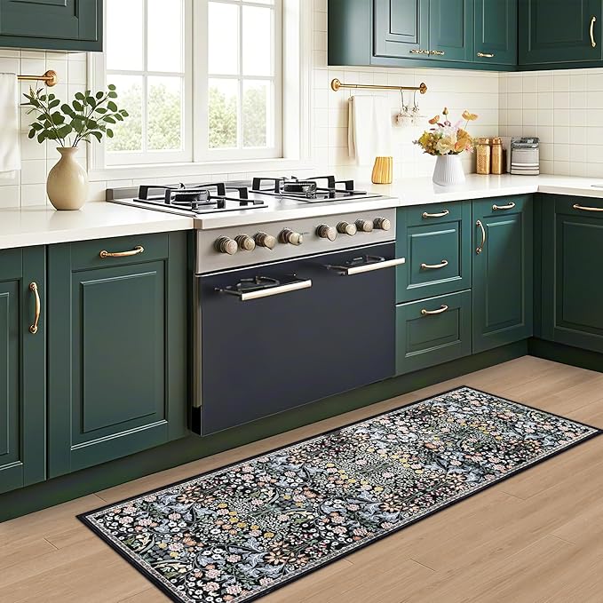 PLHXFR 2x6 Washable Runner Rug：Floral Indoor Kitchen Carpet Dark Black | For Hallway Bedroom Kitchen Laundry Bathroom Dorm,Vintage Floral,Machine washable,Non Slip,Stain Resistant,Indoor Floor