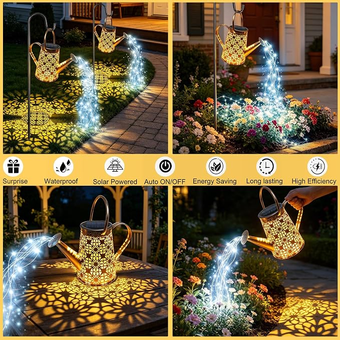 VOOKRY Watering Can with Lights, Large Hanging Solar Lights Outdoor Waterproof, Decorative Retro Metal Solar Garden Decor for Outside Patio Yard Porch Lawn, Gifts for Women Mom Grandma Birthday