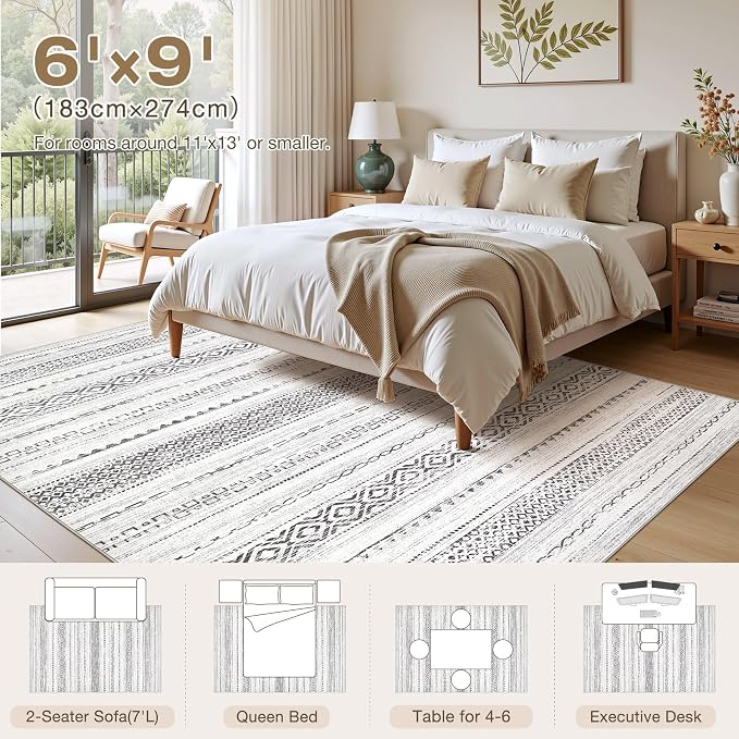 kakania Washable 6x9 Area Rug for Living Room: Boho Geometry Home Decor | Soft Stain Resistant, Low-Pile, Non-Slip, Pet & Kid Friendly, Thin Rug for Bedroom/Dining Room/Kids Dorm - Square Grey