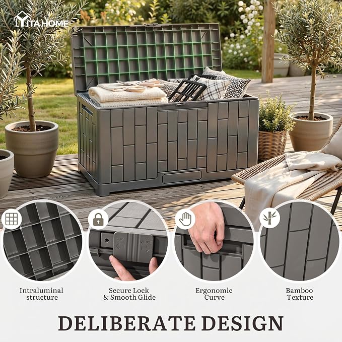YITAHOME 60 Gallon Outdoor Storage Box, Waterproof Resin Deck Box with Slide-Locking Lid, Patio Storage Bin and Bench Seat for Patio Furniture, Garden Tools and Pool Accessories, Light Brown