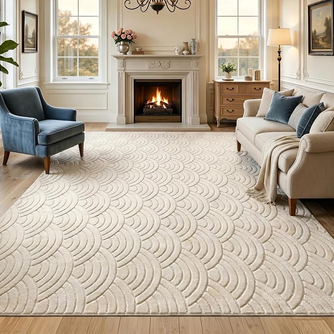 SHACOS Soft Cozy Fluffy Arch Waves Pattern High-Low Textured Area Rug 5'x7' | Non Slip Washable Minimalist Modern Graphic Rainbow Carpet for Living Room Bedroom Bathroom Dining Room, Cream