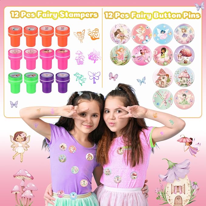 Funrous 122 Pcs Fairy Party Favors Bulk with Woodland Fairy Silicone Slap Bracelets Keychains Stickers Stampers Badges Gifts Bags for Fairytale Garden Forest Birthday Baby Shower Party Supplies