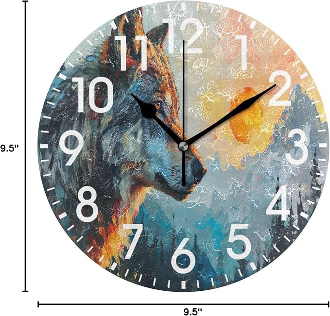 ALAZA Home Decor Watercolor Sunset Wolf Mountain Watercolor Round Acrylic 9.5 Inch Wall Clock Non Ticking Silent Clock Art for Living Room Kitchen Bedroom