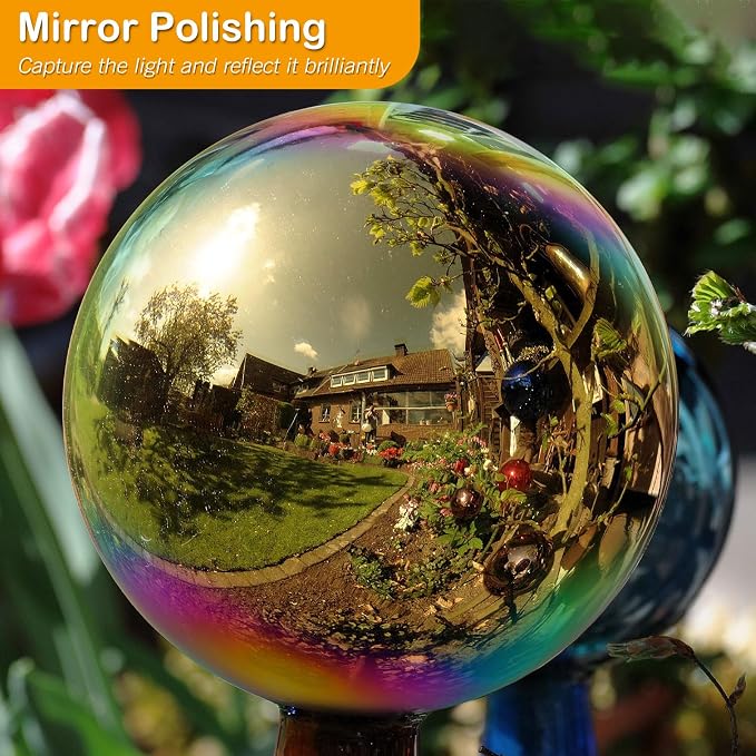 Suzile 2 Pieces Gazing Ball Hollow Gazing Mirror Ball Stainless Steel Garden Globe Gazing Globe Mirrored Surface Polished Ornament Sphere for Garden Outdoor Pool Yard Pond Lawn Home (Rainbow,10 Inch)