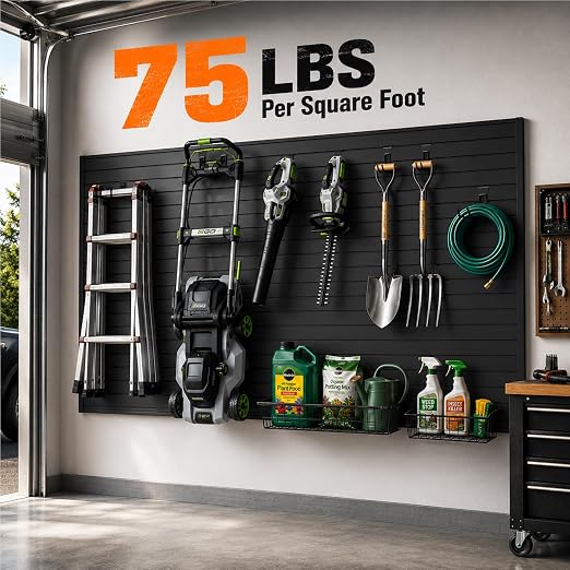 SMARTSTANDARD Slatwall Panel 4x8 FT, Garden Wall Organizer with 31 Garden Tool Hooks & Baskets,Heavy Duty PVC Slat Wall Panels for Gardening, Easy to Install & DIY Cutting (Black)