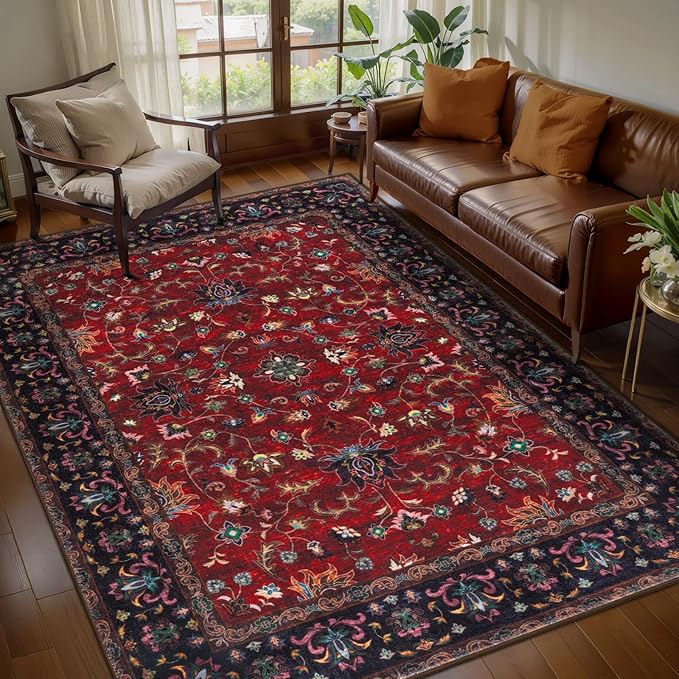 Tangsoo Vintage 3x5 Rugs, Washable Non Slip Accent Rugs for Entryway Red | Farmhouse Print Indoor Carpet, Boho Soft Low Pile Oriental 3x5 Area Rug for Living Room Dorm Bedroom Bedside Bathroom Decor