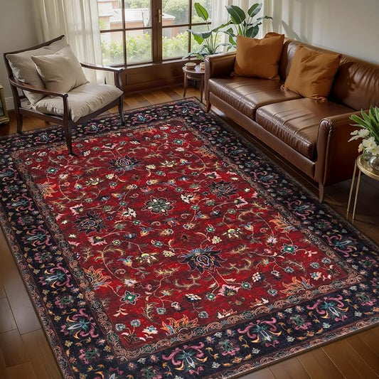 Tangsoo Vintage 3x5 Rugs, Washable Non Slip Accent Rugs for Entryway Red | Farmhouse Print Indoor Carpet, Boho Soft Low Pile Oriental 3x5 Area Rug for Living Room Dorm Bedroom Bedside Bathroom Decor