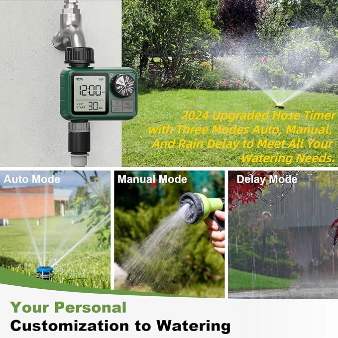 Water Timer for Outdoor Garden Hose, Sprinkler Timer for Garden Faucet with Auto/Manual/Rain Delay Mode, Sprinkler Irrigation Controller for Yard Lawn (2 Zone Plastic Inlet)