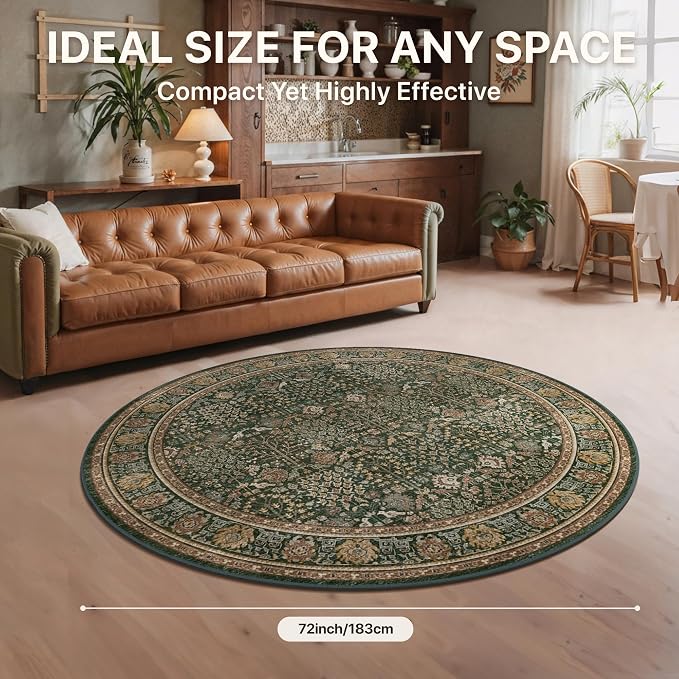 6ft Round Area Rug 6x6, Washable Non Slip, Dark Green Brown | Vintage Floral, Spill Resistant, Lightweight Low Pile Non-Shedding Carpet for Bedroom, Nursery and Dining Room