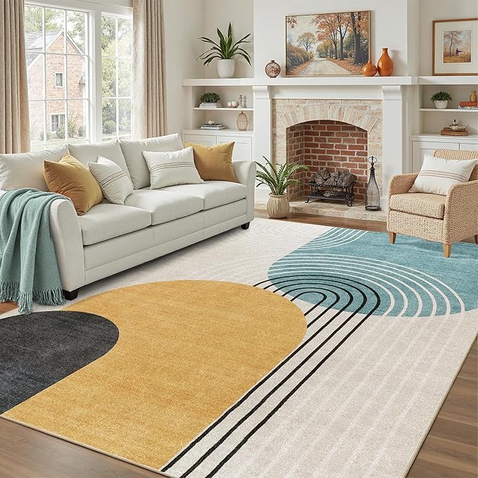 DCX Abstract Washable 10x12 Rug, Non Slip Low Pile Rug, Blue & Yellow | Rugs for living room, bedroom, dining room, office, soft, mid century modern rug, sain resistant indoor carpet, home decor