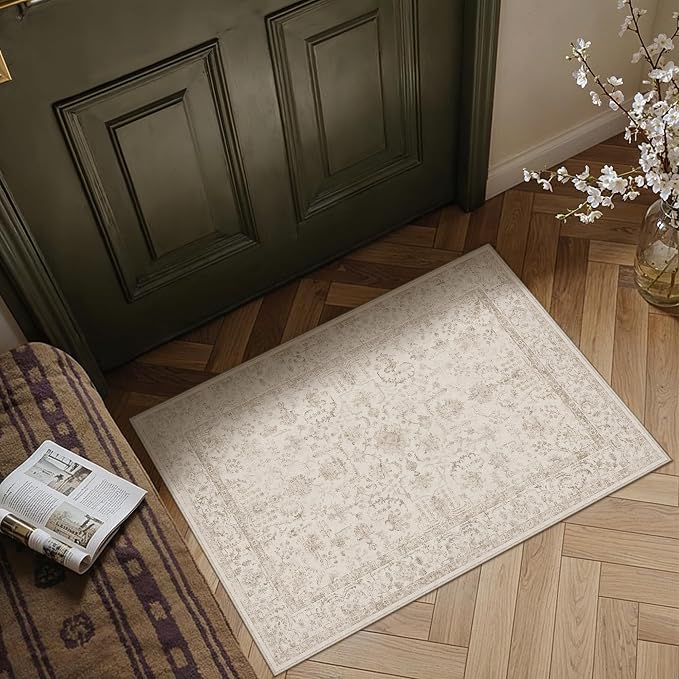 2x3 Beige Neutral Entryway Area Rug | Washable, Low Pile, Accent, Vintage, Soft, Non Slip, Small Mat for Bathroom Entrance Bedroom Indoor Home Decor