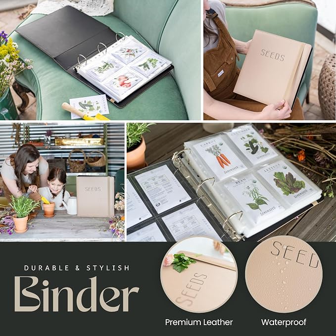 Seed Storage Binder – Garden Seed Organizer with 50 Sheet Protectors, 5 Dividers & Flap-Top Inserts - Stores 200 Seed Packets - Seed Saver Binder for Gardeners