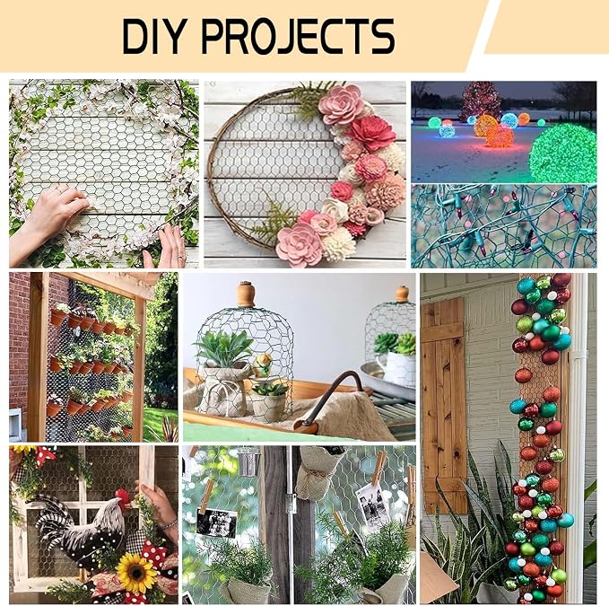 Chicken Wire 15.7in x 236in with a Pair of Gloves，1 Wire Cutter，50 Pcs Cable Zip Ties, Floral Chicken Wire Mesh 0.8in Hexagonal Galvanized PVC Coated Garden Netting Fence for Craft Poultry Garden