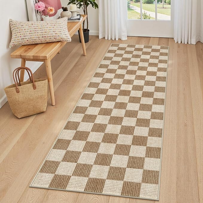 LIVEBOX Washable Runner Rug, 2x6 Brown Runner Rugs for Hallway, Non-Slip Kitchen Runners, Farmhouse Neutral Classic Geometric for Hallways, Entryway, Bedroom, Bathroom(Brown 2'x6')