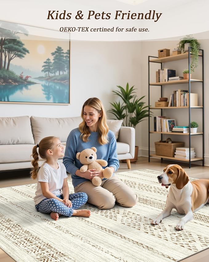 Miukiki 4x6 Washable Area Rug Non Slip Rug for Living Room Brown | Moroccan Soft Low Pile Indoor Area Rug for Living Room Bedroom Dining Room Stain Resistant Carpet with Easy Care 4'x6'