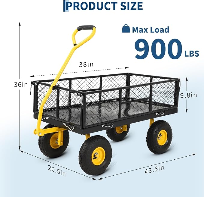 Garvee 900 LB Garden Cart, Heavy Duty Metal Utility Garden Wagon, Black | 13 in All Terrain Tires, 4-in-1 Yard Wagon Cart with Removable Side Panels for Outdoor Lawn, Yard, Backyard