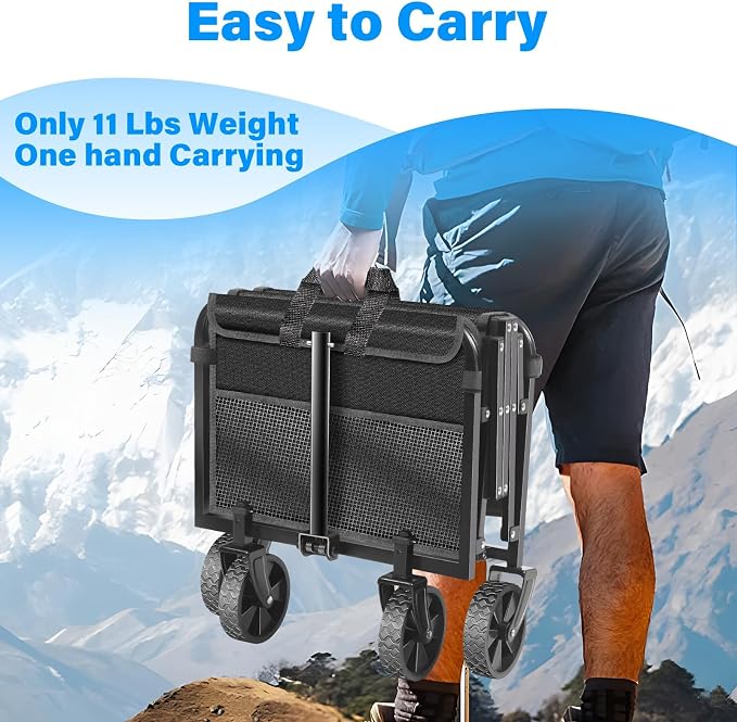 Wagons Carts Foldable - Collapsible Wagon Cart with Wheels Foldable - Utility Folding Wagon Cart for Sports Camping Grocery, Black