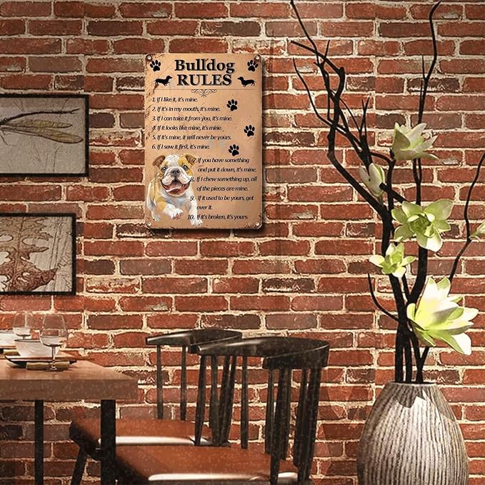 Metal Sign Tin Sign Vintage Wall Art Bulldog Rules Tin Sign Gift for Restaurant 6×8 Inches