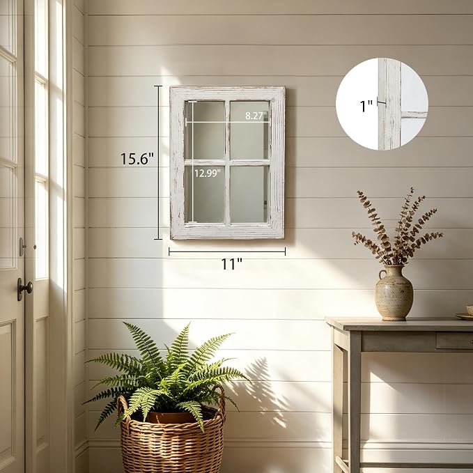 Rustic Small Window Pane Mirror Wall Decor 11 x 16 inches | Distressed White, Hanging Rectangle Wood Frame Farmhouse Mirror, Handmade Decorative Window Mirrors for Living Room Christmas