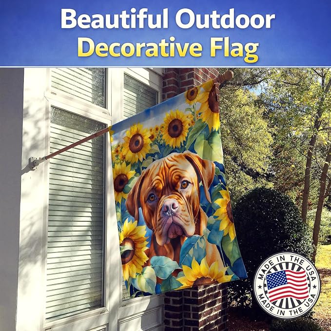 Caroline's Treasures DAC6069CHF Dogue de Bordeaux in Sunflowers House Flag Large Porch Sleeve Pole Decorative Outside Yard Banner Artwork Wall Hanging, Polyester, House Size, Multicolor