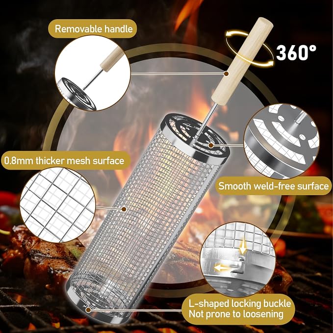 Rolling Grill Basket for Veggies, Heavy Duty 304 Stainless Steel BBQ Grilling Basket with Lock-Tight System, Removable Handles, Nesting Storage, Smoker Camping Accessories, Gifts for Men Dad Husband(2PCS)
