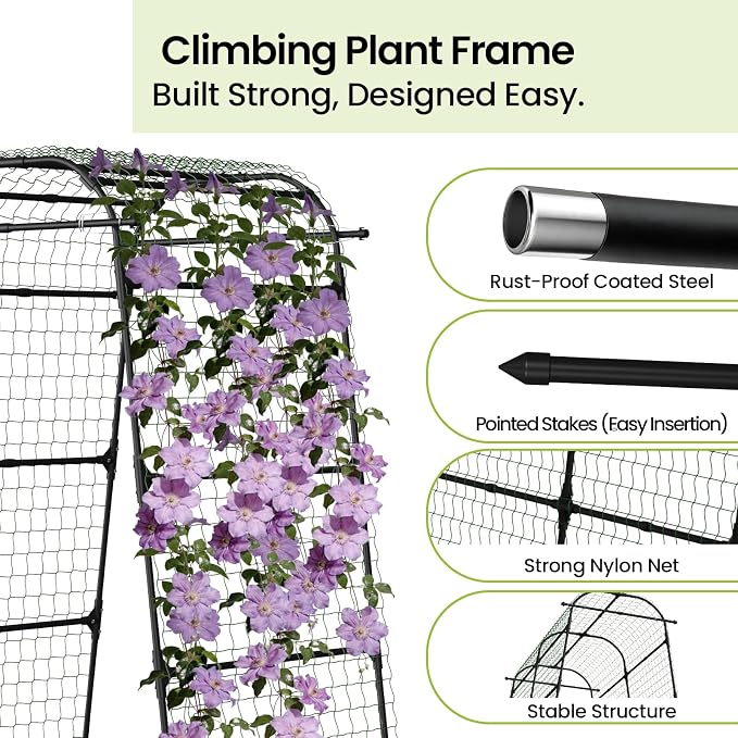 Garden Arch Trellis 83" H x 49" L x 31.5" W Heavy-Duty Plant Support with Nylon Netting & 100 Leaf Ties – Reusable Climbing Trellis for Tomatoes, Cucumbers, Beans & Flowers (Large)