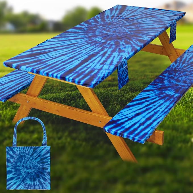 Fitted Picnic Table Cover with Bench Covers Waterproof Elastic Edges Rectangle Patio Tablecloth Outdoor Camping Essentials Stuff Rv Accessories Summer Trip Travel Supplies Party Camper Gifts, 8 ft