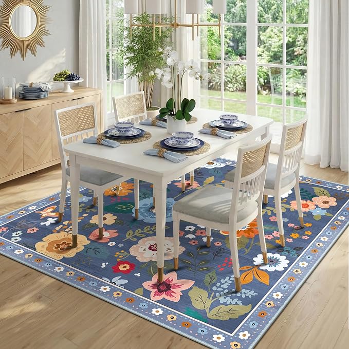 RELEANY Floral Washable Square 6ft Area Rug Blue/Grey | Flower Carpet, Print, Boho, Non-Slip, Easy to Clean, Soft, Low Pile for Living Room Bedroom Kitchen Office Entryway Hallway