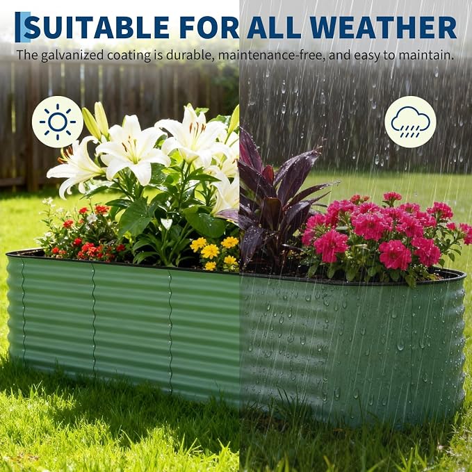 Garvee 6 Pack 8x2x1.5ft Galvanized Raised Garden Bed Kit, Oval Metal Planter Boxes with Anti-Cut Safety Edges, Rust-Resistant Deep Root Planters for Outdoor Vegetables, Flowers, Herbs, Green