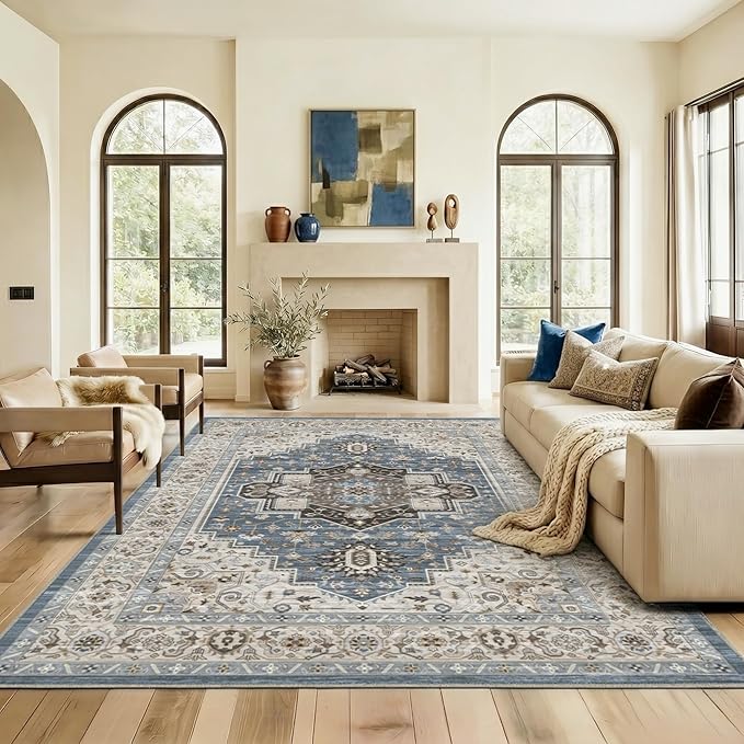 10x14 Area Rugs Washable Large Vintage Rug for Living Room Bedroom | Farmhouse Boho Floral Neutral Washable Stain Resistant Indoor Carpet for Bedroom Office and Home Decor (Floral Blue)