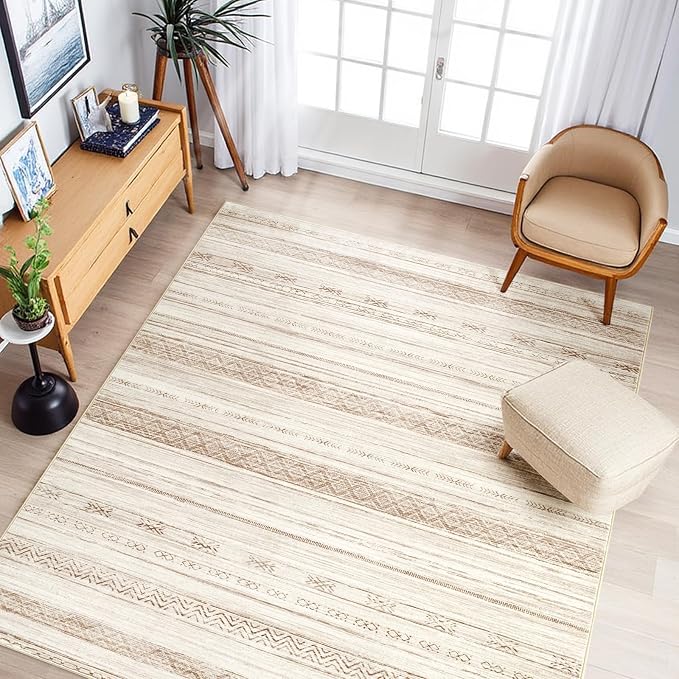 Boraya Area Rugs for Living Room: 8x10 Washable Boho Rug for Bedroom Large Neutral Bohemian Moroccan Farmhouse Geometric Dining Room Rugs Ultra Soft Floor Carpet Indoor for Home Office - Brown Beige