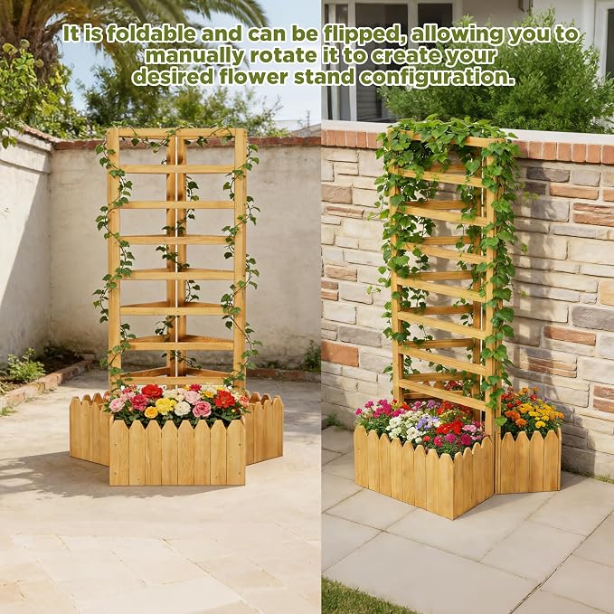 3 Panels Privacy Screen with Planter Box Outdoor,Vertical Raised Garden Bed for Climbing Plants Garden Fence with Trellis & Drain Holes for Vegetables, Flowers on Patio, Balcony & Backyard (Wood2)
