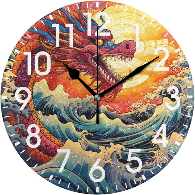 ALAZA Home Decor Chinese Dragon Ocean Wave Artwork Round Acrylic 9.84 Inch Wall Clock Non Ticking Silent Clock Art for Living Room Kitchen Bedroom