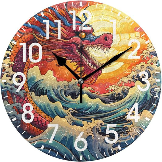 ALAZA Home Decor Chinese Dragon Ocean Wave Artwork Round Acrylic 9.84 Inch Wall Clock Non Ticking Silent Clock Art for Living Room Kitchen Bedroom