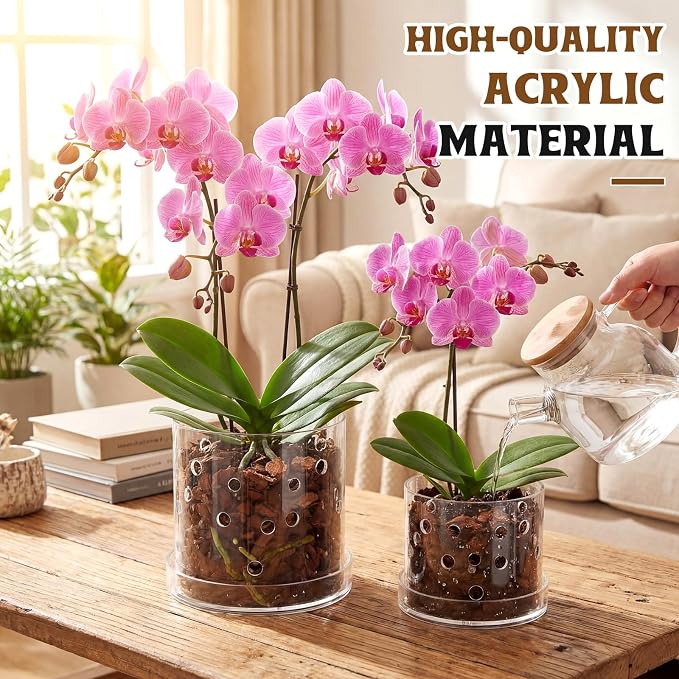 6 Inch 7 Inch Clear Acrylic Orchid Planter Pot with 360° Round Holes & Tray, Thick Acrylic Vented Planter for Phalaenopsis, Root Airflow, Bottom Watering & Indoor Orchid Repotting