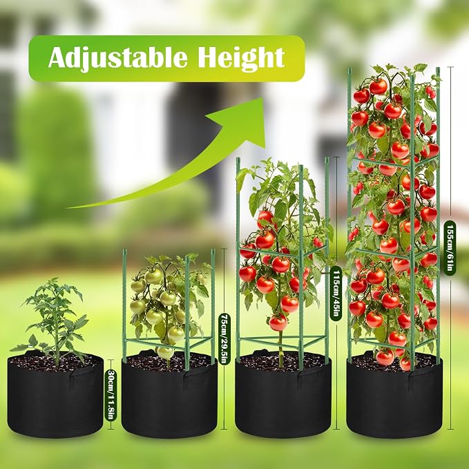 4 Pack Tomato Cages 55 x 12 Inch for Garden with 11 Gallon Round Grow Bags Planter Pots with Heavy Duty Triangle Trellis Plant Stakes Support Frames for Cucumber Vegetables Flowers