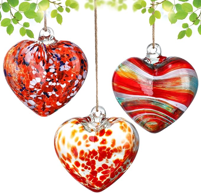 Hand Blown Glass Red Heart Ornaments Hanging Friendship Hearts for Outdoor | Thickened Shatter-Resistant Hand Blown Glass, Garden Tree Wedding Party Hanging Ornament