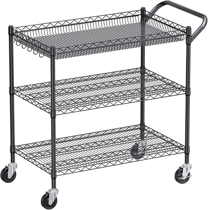 WDT 1350Lbs Capacity Heavy Duty Rolling Utility Cart, NSF Rolling Carts with Wheels,Commercial Grade Metal Cart with Handle Bar & Shelf Liner,Trolley Serving Cart for Restaurant,Kitchen,Black
