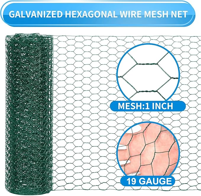 24'' x 150' Green Chicken Wire Fencing, 1 inch Chicken Wire and 19 Gauge Poultry Netting, Garden Mesh Fence Roll for Floral Arrangements/Crafts/Farm/Livestock/Pet Protection